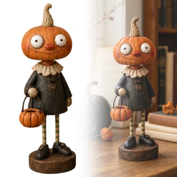 Halloween Pumpkin Figurine, Hand Painted Resin Statue, Primitive Farmhouse Tabletop Decor, Pumpkin Head Boy Figure With Pumpkin Bucket For Home Mantel, Shelf, Table, Indoor Halloween And Autumn Decor