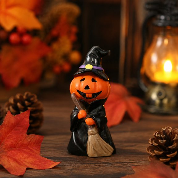 Halloween Pumpkin Figurines 1Pack Spooky Dolls Witch Ghost Bat Ornaments for Trick or Treat Halloween Party Table Top Coffee Desktop Shelf Shop Window Decorations(A)