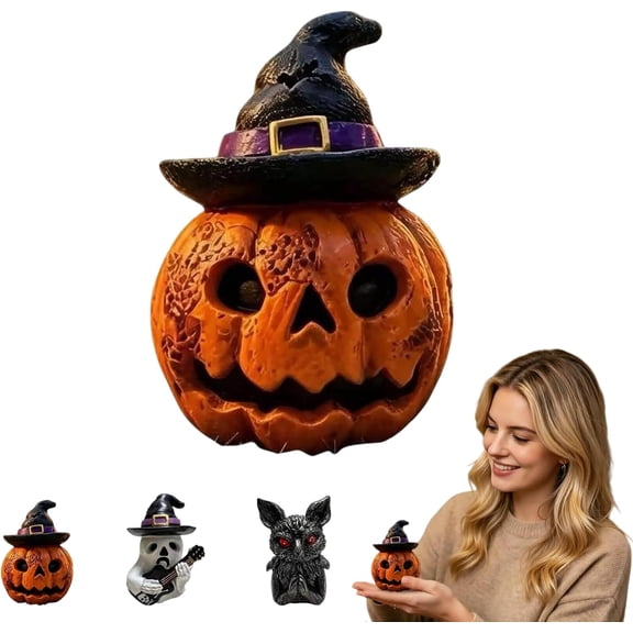 Halloween Pumpkin Figurines Decor, Orange Resin Witch Hat Pumpkin and Ghost Owl Statues, Spooky Cute Tabletop Decor for Windowsill Bedroom Shelf(2pc,Pumpkin)