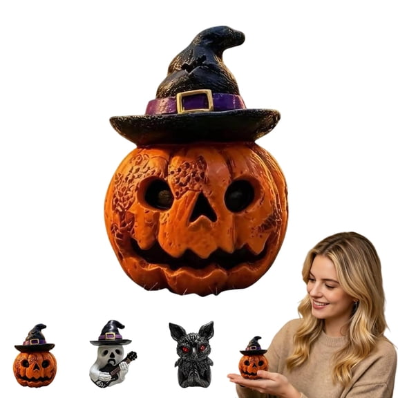 Halloween Pumpkin Figurines Decor, Witch Hat Pumpkin and Ghost Owl Statues, Spooky Cute Indoor Tabletop Decor for Windowsill Bedroom Shelf (A)