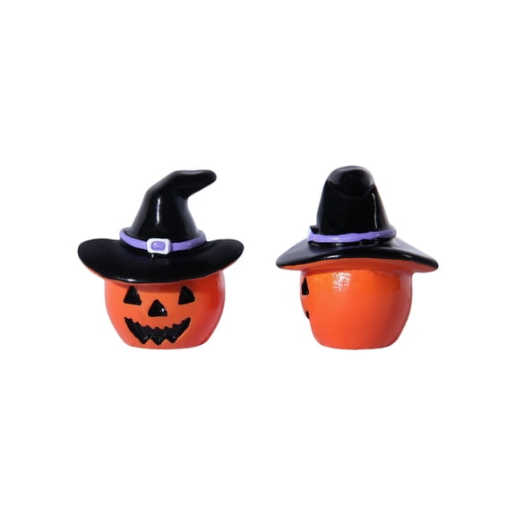 Halloween Pumpkin Figurines with Witch Hat, Ceramic Jack-O'-Lantern Tabletop Decorations for Home Party Decor, Set of 2