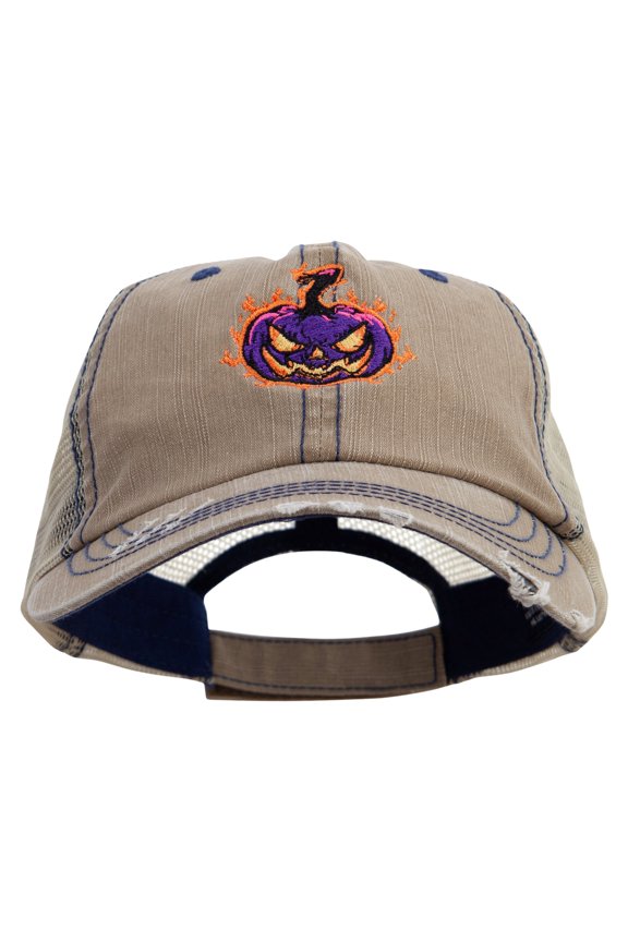 Halloween Pumpkin Flame Embroidered Low Profile Special Cotton Mesh Cap - Khaki OSFM