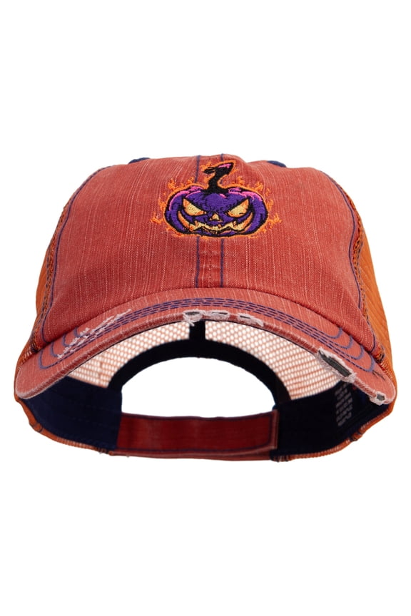 Halloween Pumpkin Flame Embroidered Low Profile Special Cotton Mesh Cap - Orange OSFM