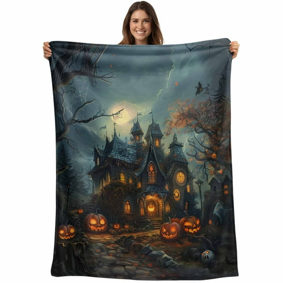 Halloween Pumpkin Flannel Throw Blanket for Couch,Lightweight Fleece Soft Cozy Bed Blankets for Boys Girls Adults Kids,Retro Forest Cottage Castle Vintage Bats Personalized Car Blanket 49 x 59 Inch