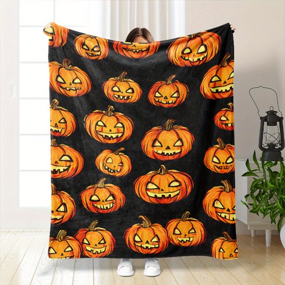 Halloween Pumpkin Flannel Throw Blanket – Soft, Warm Fleece with Jack-O’-Lantern Print | Cozy All-Season Polyester Knit for Sofa, Bed, Travel & Camping | Gift-Ready Design