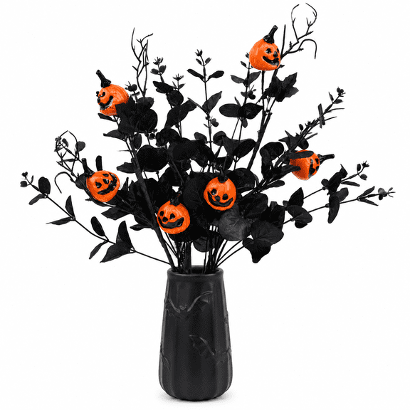 Halloween Pumpkin Floral Picks, 6 Pcs Artificial Black Branches, Fall Vase Filler for Halloween Table Decor