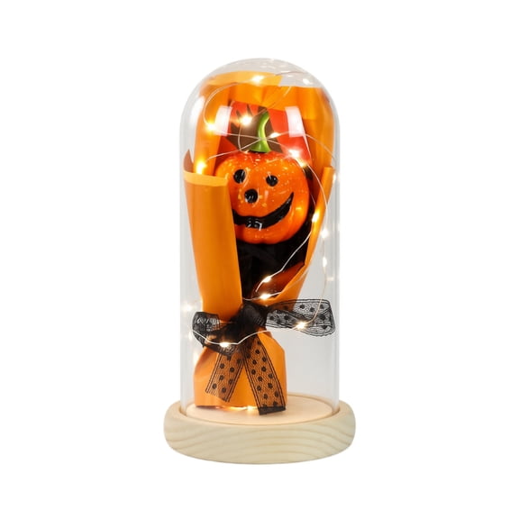 Halloween Pumpkin Flower Bouquet Light, Battery Operated LED Table Decor — Spooky Ghost & Skull Lantern, Small Night Light Desktop Ornament for Indoor Covered Outdoor Fall Party