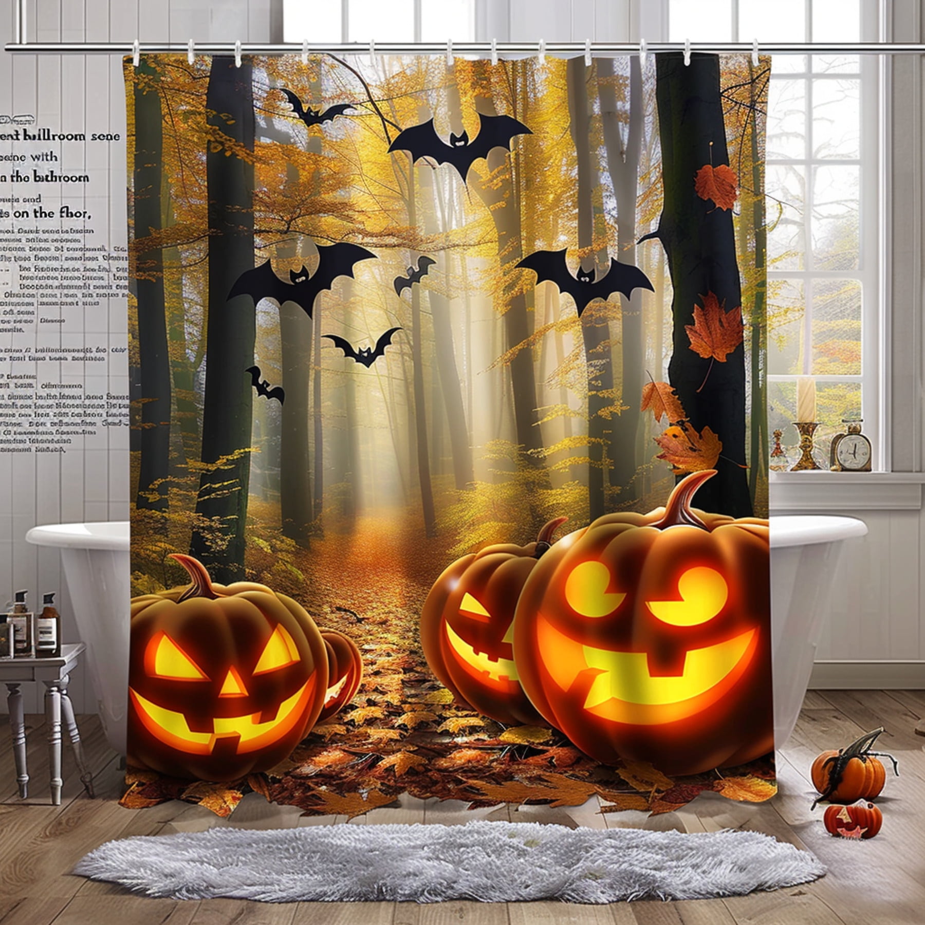 Halloween Pumpkin Forest Bathroom Shower Curtain with Leaves and Bats