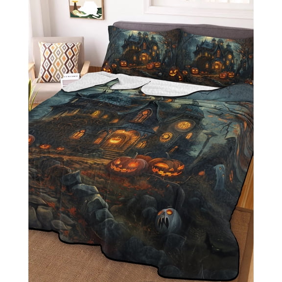 Halloween Pumpkin Full Size Down Alternative Comforter,Lightweight Comforter Quilt Bedding Set with Pillow Shams Retro Forest Cottage Castle Vintage Bats Bed Comforter Duvet Insert 78"x90"
