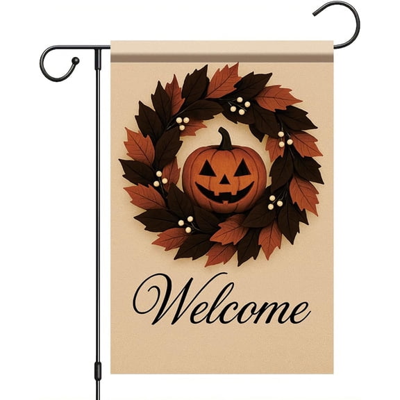 Halloween Pumpkin Garden Flag 12x18 Inch Fall Wreath Yard Banner With Autumn Leaf Outdoor Welcome Sign for Porch Lawn Pathway Patio Decoration Seasonal Thanksgiving Harvest Decor