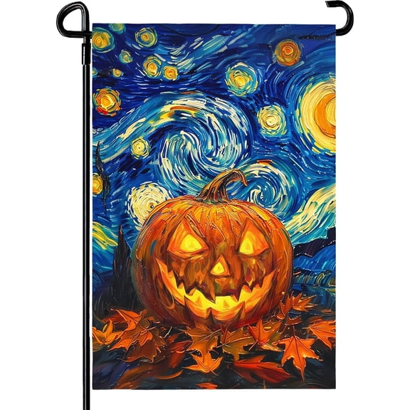 Halloween Pumpkin Garden Flag Van Gogh Starry Night Yard Flags Moon Sky Garden Flags Double Sided 12 x 18 Inch for Outside Fall Small Flag Decorations for Outdoor Garden Lawn