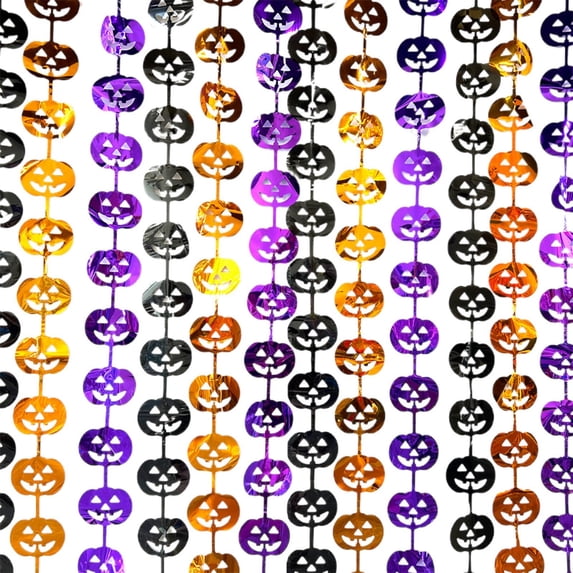 Halloween Pumpkin Garland Curtain, 78"x39" Metallic Foil Hanging Décor with Bats and Pumpkins, Photo Booth Backdrop Streamers, Haunted House Party Supply, Festive Window Doorway Scary Decoration