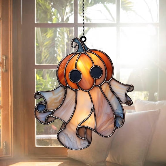 Halloween Pumpkin Ghost Acrylic Suncatcher Window Hanging, Single-Sided UV Printed Faux Stained Glass, Spooky Cute Handmade Window Decor, Gift for Kids