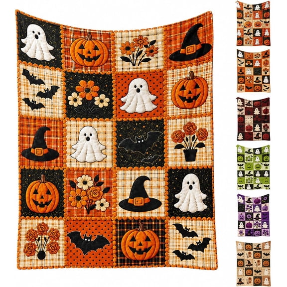 Halloween Pumpkin Ghost Bat Flannel Blanket Plaid Throw, 60x80 Inch, Soft Patchwork Bedding, Cozy Holiday Cover for Couch Sofa Bed(RL)