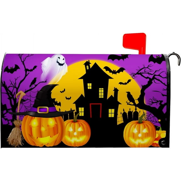Halloween Pumpkin Ghost Bat Mailbox Covers Standard Size Halloween Scary Night Moon Owl Castle Purple Magnetic Mailbox Covers Wrap Post Letter Box Cover for Garden Yard Decor 18x21 in