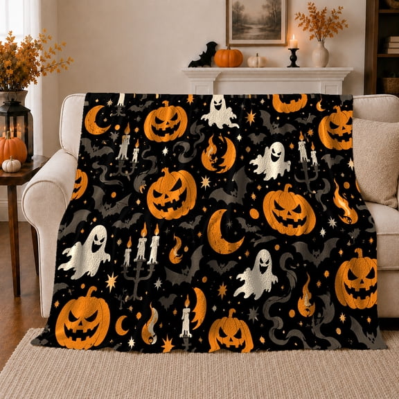 Halloween Pumpkin Ghost Bat Pattern, Festive Halloween Scene, Warm Flannel Blanket for Living Room and Reading Nook, Art Lovers Halloween Gift, Festive Home Decor