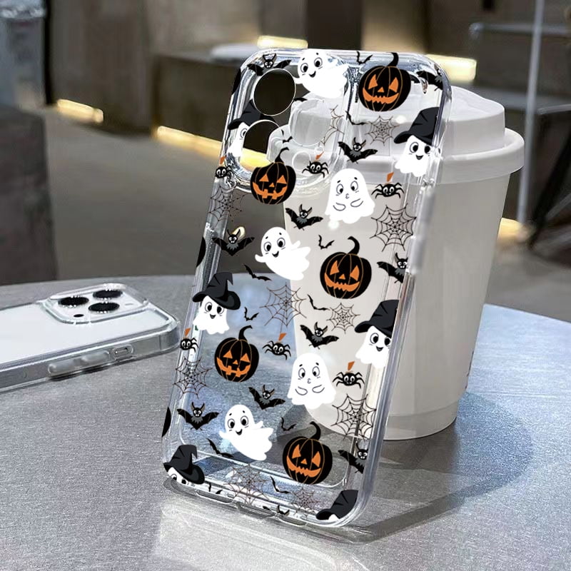 Halloween Pumpkin Ghost Bat Pattern Transparent Phone Case For