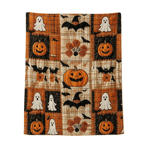 Halloween Pumpkin Ghost Bat Print Flannel Blanket, Halloween Decor Blanket for Sofa Couch Bed