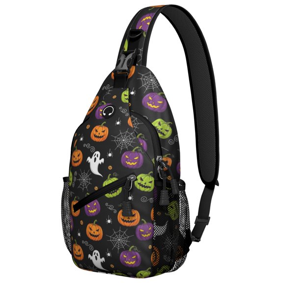 Halloween Pumpkin Ghost Black Pattern Sling Backpack, Unisex Hiking Chest Pack with Side Mesh Pockets, Breathable Padded Back Gift Ideas for Hiking Cycling Walking
