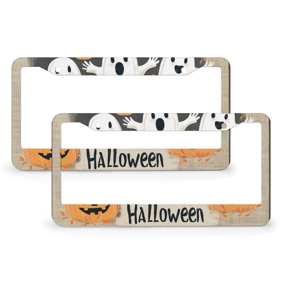 Halloween Pumpkin Ghost Boo License Plate Frames 2 Pack Autumn Halloween License Plate Frame License Plate Shield Frame 2 Hole Quality Aluminum License Plate Cover