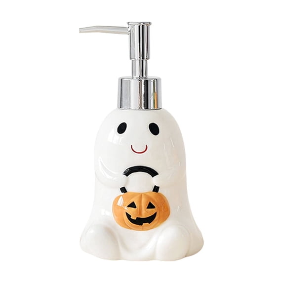 Halloween Pumpkin Ghost Ceramic Soap Dispenser, Refillable Lotion Pump Bottle for Hand Soap Body Wash, Cute Seasonal Decorative Bottle for Bathroom Kitchen Countertop Fall Home Decor