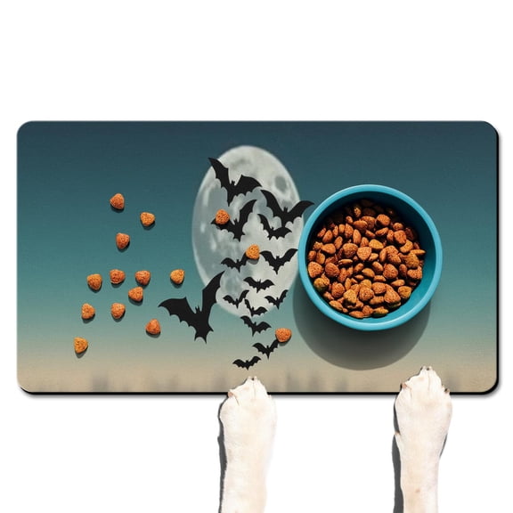 Halloween Pumpkin Ghost Dog Mat for Food and Water Absorbent No-Slip 17x30 Inch Dog Bowl Mat Evil Pumpkin Ghost Dog Feeding Mat Dog Water Bowl Mat for Messy Drinker
