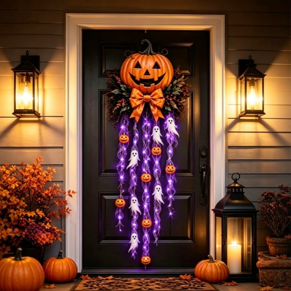 Halloween Pumpkin Ghost Door Cascade Decorative lamp, 31" Hanging Ghost Pumpkin Lighted, Spooky Front Porch Entryway, Halloween Decoration Indoor Outdoor Home Party Decor