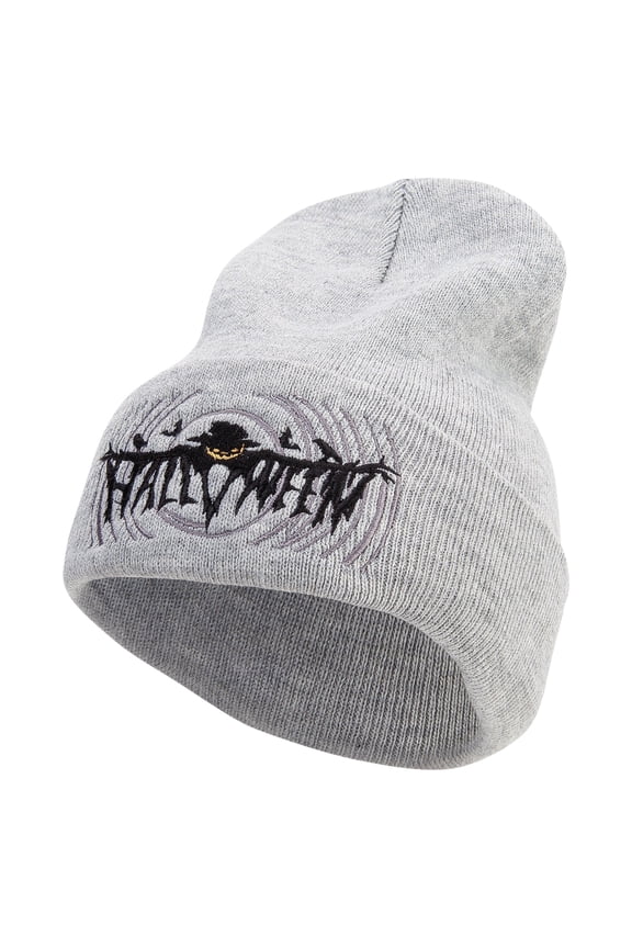 Halloween Pumpkin Ghost Embroidered 12 Inch Long Knitted Beanie - Heather Grey OSFM