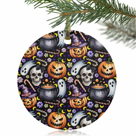 Halloween Pumpkin Ghost Face Christmas Ceramic Ornament 2025,3" Round Xmas Tree Hanging Accessories with Gold Ribbon,Skull Witch Hat Candy Black Pendant Ornaments for Holiday Gift Home Party Decor