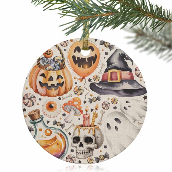 Halloween Pumpkin Ghost Face Christmas Ceramic Ornament 2025,3" Round Xmas Tree Hanging Accessories with Ribbon,Candy Skull Witch Hat on Burlap Pendant Ornaments for Holiday Gift Home Party Decor