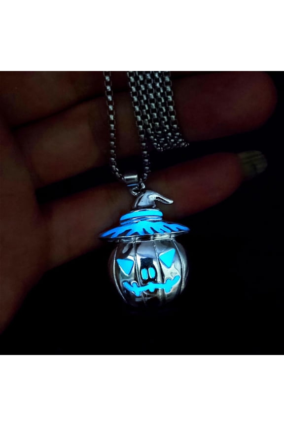 Halloween Pumpkin Ghost Face Glow in the Dark Alloy Necklace Pendant Size 1.06x1.37in Chain Length 23.6in for Men Women Costume Party Decor Accessory