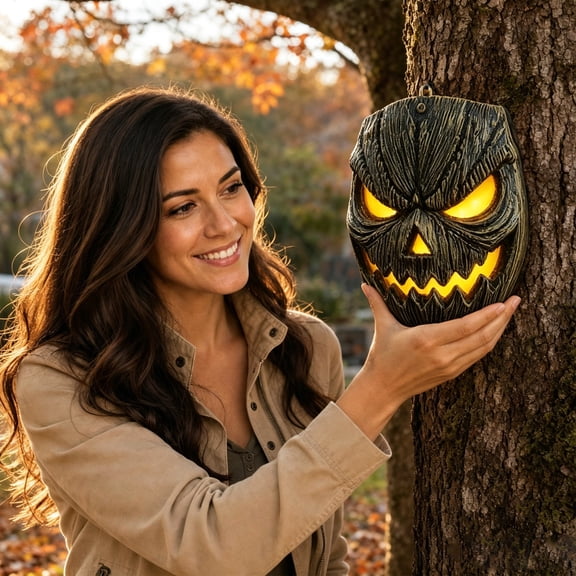 Halloween Pumpkin Ghost Face Tree Hugger Decor, Glowing Outdoor Garden Tree Face Ornament, Summer Backyard Decor for Patio, Lawn, Yard, Tree Trunk & Pre-Halloween Outdoor Holiday Decoration, Gray