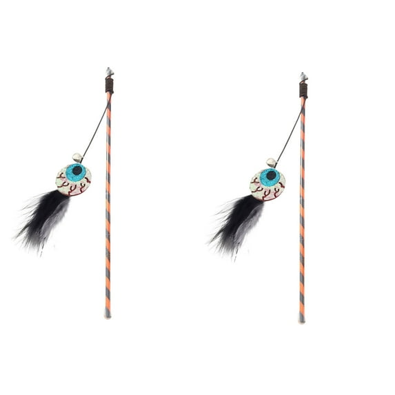 Halloween Pumpkin Ghost Feather Teaser Stick with Bells, Interactive Cat Toy, Dog Play Training Tool, 2 Pack 30cm Elastic Rope Material, for Kittens Adult Cats Entertainment, Jingling Sound Toy, C