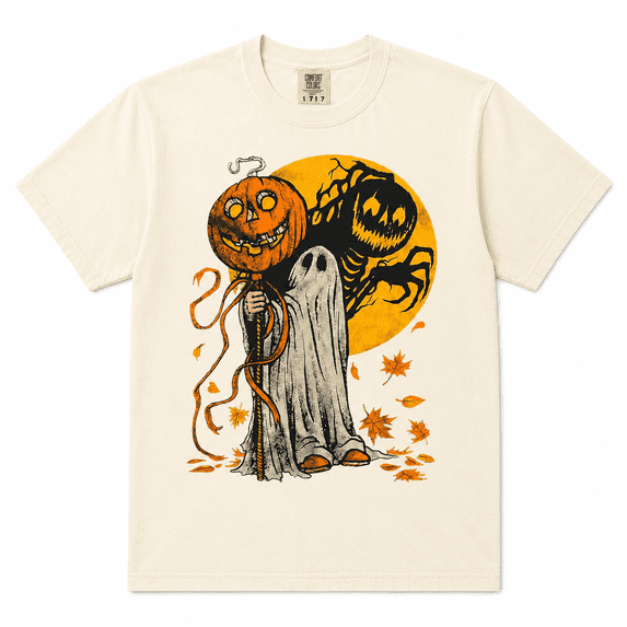 Halloween Pumpkin Ghost Graphic T-Shirt, Spooky Moon Monster Design Tee, Vintage Fall Horror Shirt