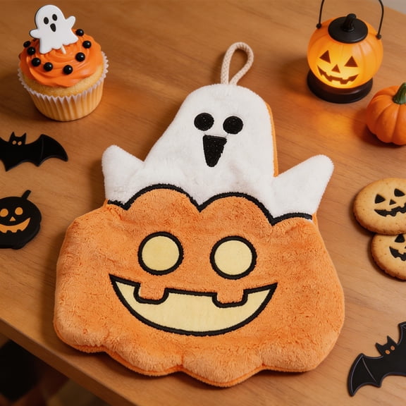 Halloween Pumpkin Ghost Hanging Hand Towel Ultra Absorbent Coral Quick Dry Kitchen Bathroom Decor Towel with Hanging Loop