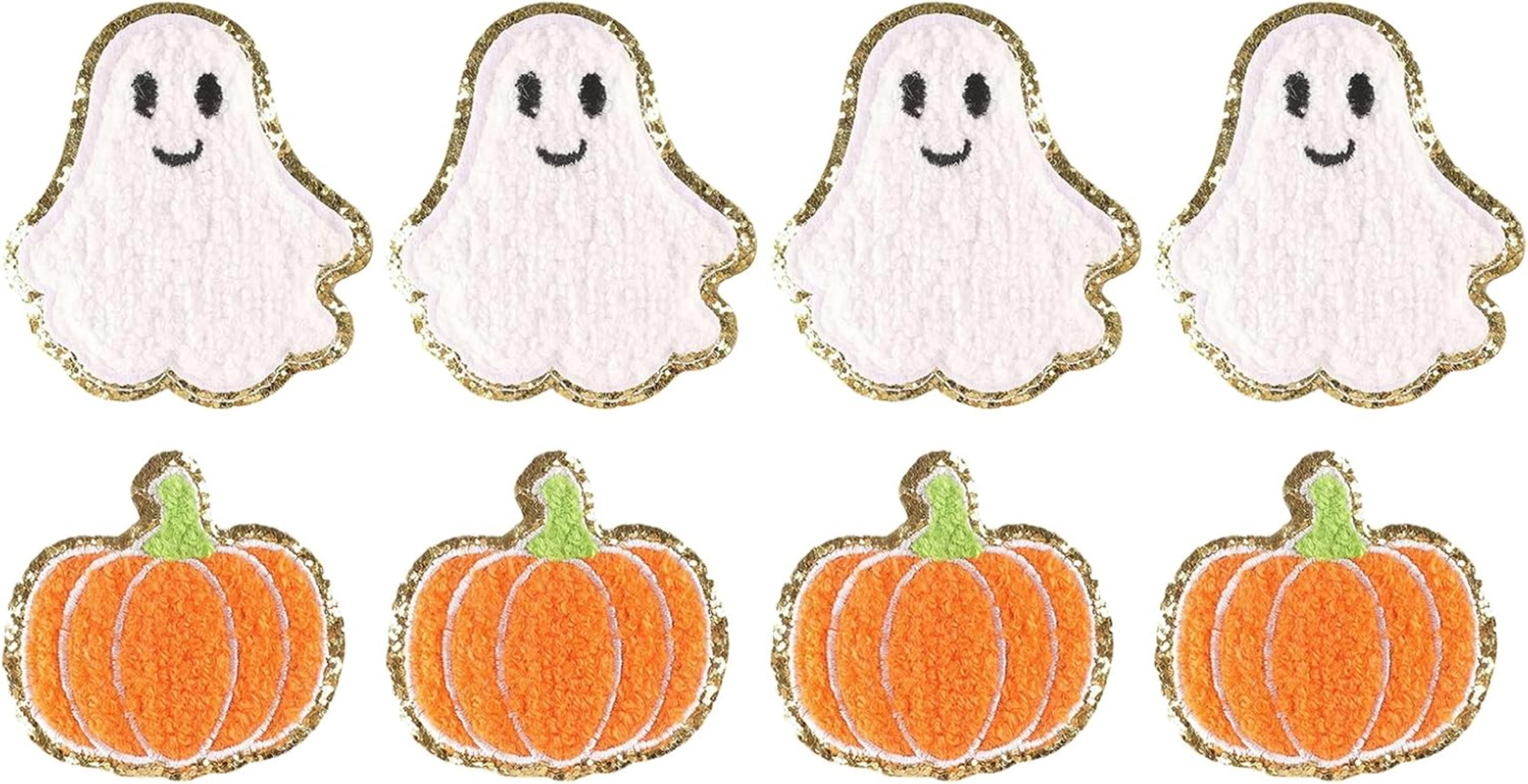 Halloween Pumpkin Ghost Iron on Patches Glitter Gold Edge, Applique Embroidered Patch DIY Crafts