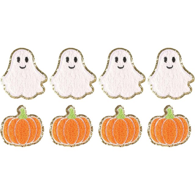Halloween Pumpkin Ghost Iron on Patches Glitter Gold Edge, Applique
