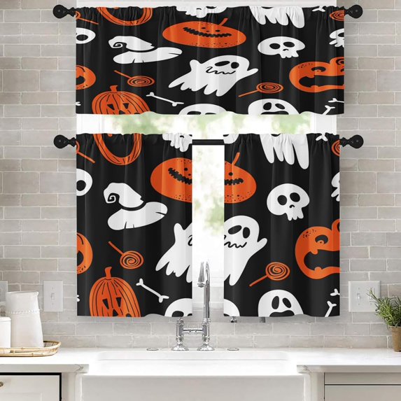 Halloween Pumpkin Ghost Kitchen Window Curtains Valance and Tier Set 36 Inch, Cute Skull Spider 3 Piece Window Treatment Tiers for Living Room Bedroom Kitchen Decor Drapes