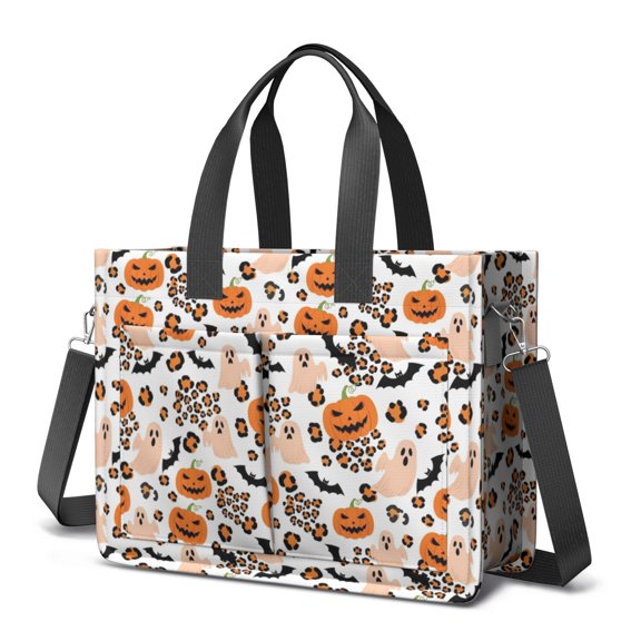 Halloween Pumpkin Ghost Leopard Pattern Canvas Messenger Tote Bag, Laptop Shoulder Bag with Multi Pockets & Removable Strap, Magnetic Closure Gifts for Work Travel Shopping