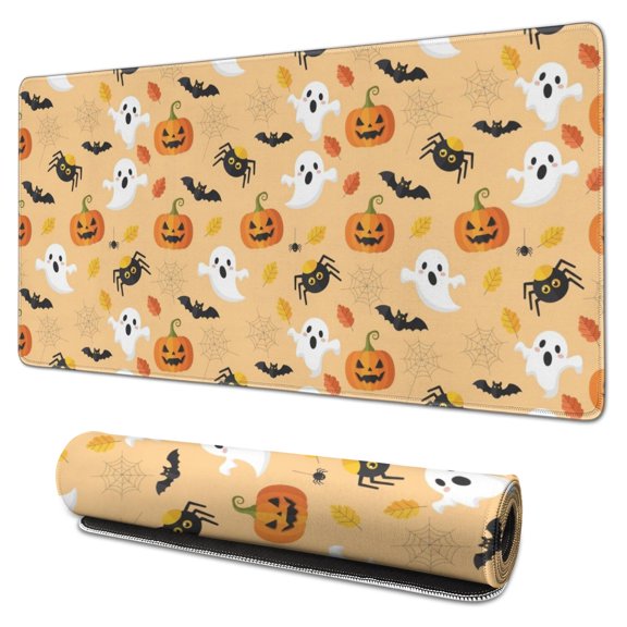 Halloween Pumpkin Ghost Orange Pattern Extended Large Mouse Pad, Gaming Desk Pad with Non Slip Base & Stitched Edges, Smooth Polyester Gifts for Office Work Gaming,31.5"x15.7"