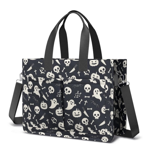 Halloween Pumpkin Ghost Pattern Canvas Messenger Tote Bag, Nurse Handbag with Multi Pockets & Removable Strap, Magnetic Closure Gifts for Birthday Christmas Thanksgiving