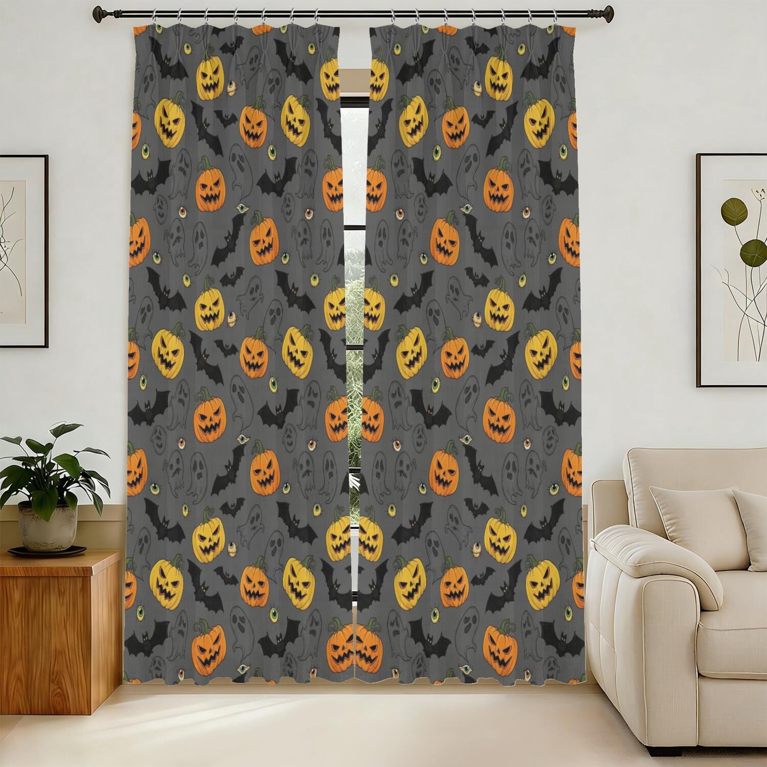 Pattern Colthings Halloween Pumpkin Ghost Pattern Pinch Pleat Semi Sheer Linen Curtains ...