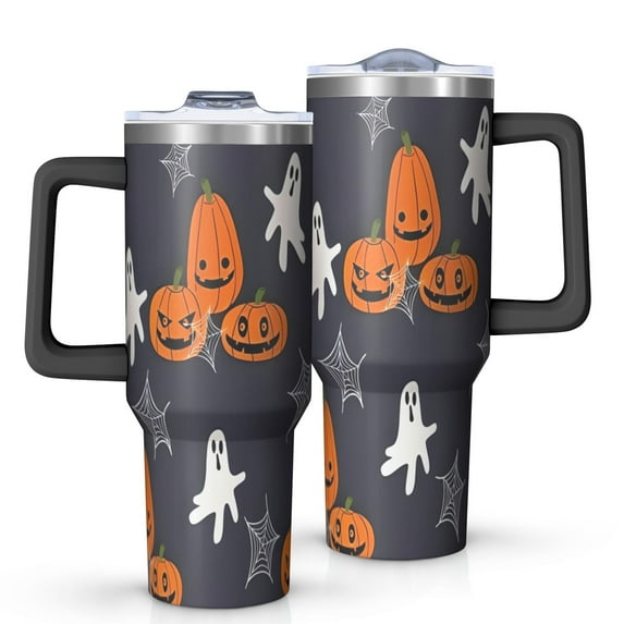 Halloween Pumpkin Ghost Pattern Tumbler with Handle and Lid,40oz Double Wall Vacuum Insulated Tumbler,Cups Gift for Women and Men