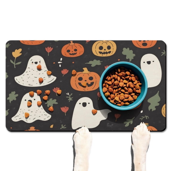Halloween Pumpkin Ghost Pet Food Mat Absobing Durable 17x30 Inch Pet Food Mat Spider Bat Cat Feeding Mat EcoFriendly Durable Pet Placemat