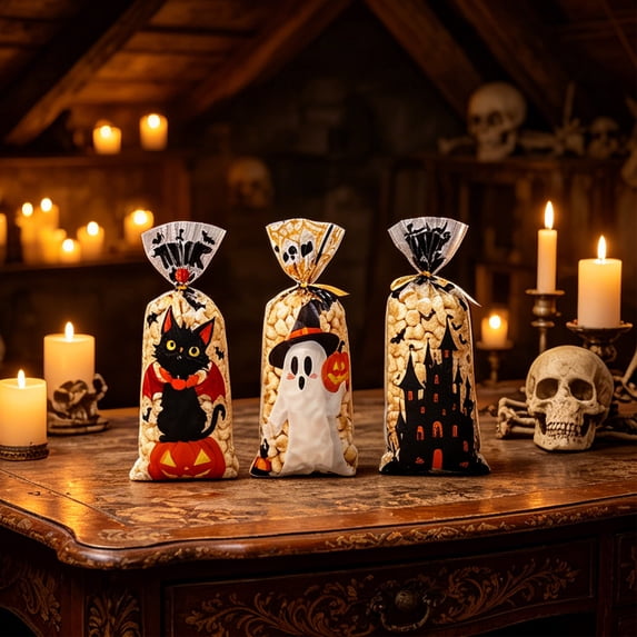Halloween Pumpkin Ghost Plastic Candy Popcorn Gift Bags, 100 Pack Treat Sacks with Silk Ties, Waterproof Tear Resistant Goodie Bags for Trick or Treat Party Favors