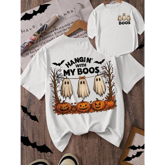 Halloween Pumpkin Ghost Print T Shirt Cotton Casual Graphic Tee Round Neck Short Sleeve White S-5XL
