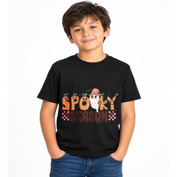 Halloween Pumpkin Ghost Seasonal Lettering Graphic T-Shirt for Boys, Fun Spooky Short Sleeve Shirt for Fall