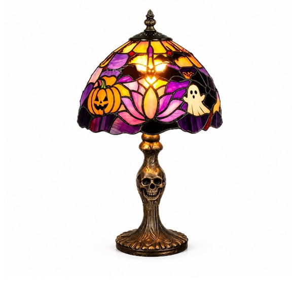 Halloween Pumpkin Ghost Stained Glass Table Lamp, 8 Inch Halloween Accent Lighting Up Decor, Night Light with Vintage Skeleton Base, Warm LED Desktop Mantel Decor Ornament, Holiday Gift