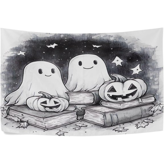 Halloween Pumpkin Ghost Tapestry, Hippie Wall Hanging Tapestry Aesthetic Birthday Holiday Party Art Wall Carpet for Living Room Bedroom Dorm Ceiling Decor, 60 x 40 Inch