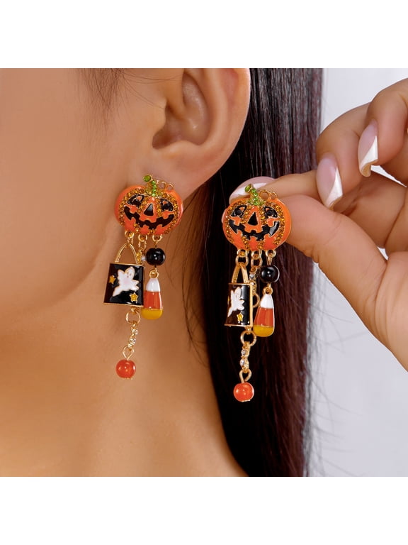 Halloween Pumpkin Ghost Tassel Earrings for Women, Spooky Gothic Pendant Dangle Stud Earrings